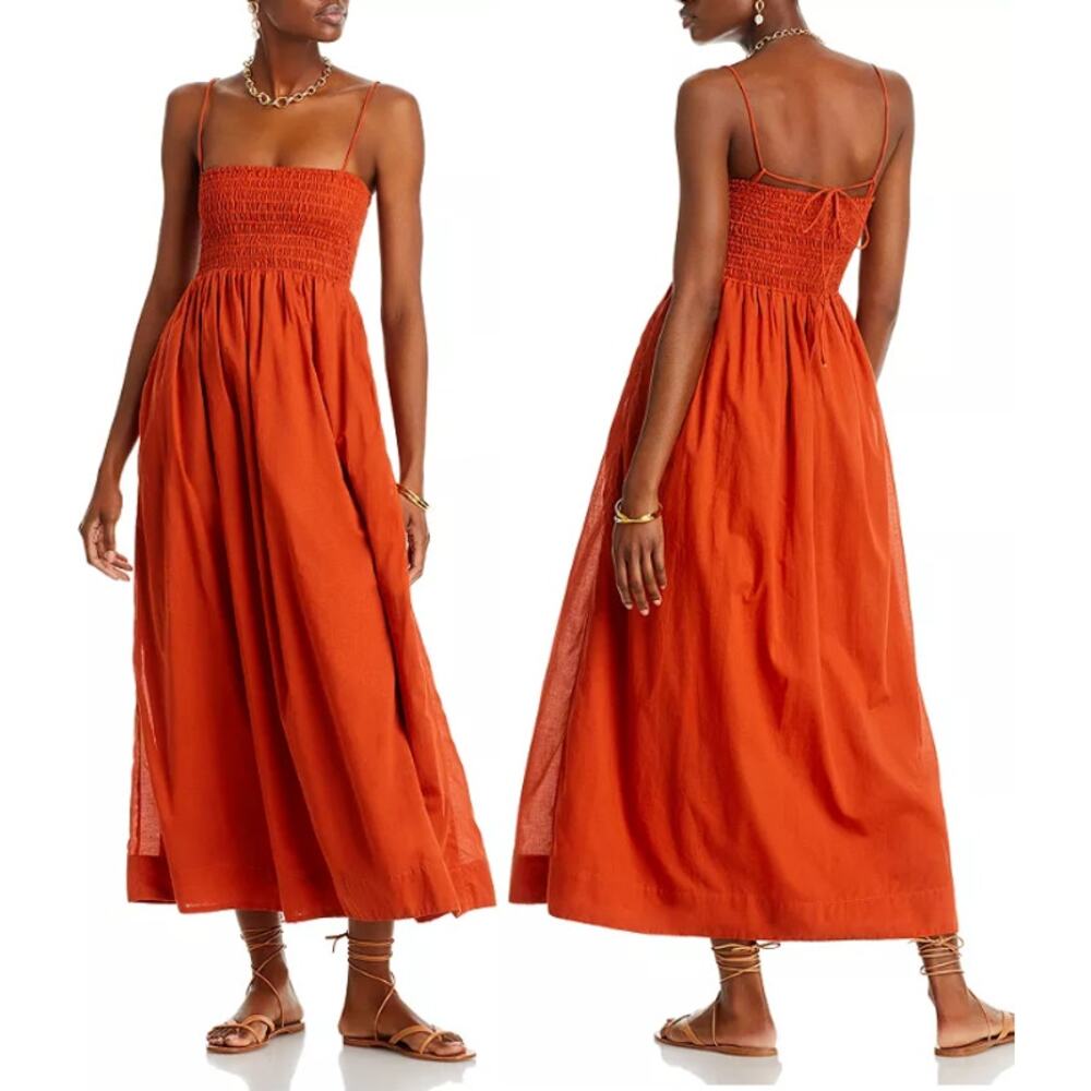 NWT Faithfull the Brand Agolde Sleeveless Smocked A-Line Midi Dress Rust US 4